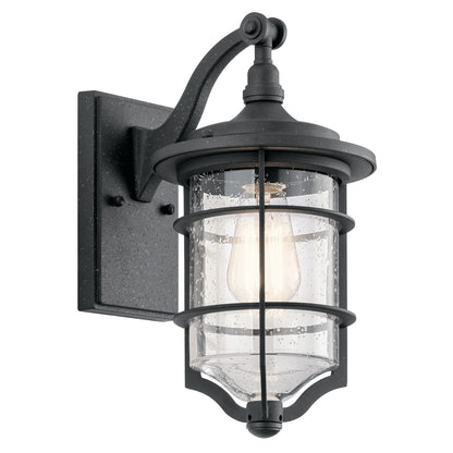Kichler Royal Marine 7in 1-Light Outdoor Wall Sconce | Transitional Distressed Black and Clear Seeded Glass | Covered Patio | Model 49126DBK