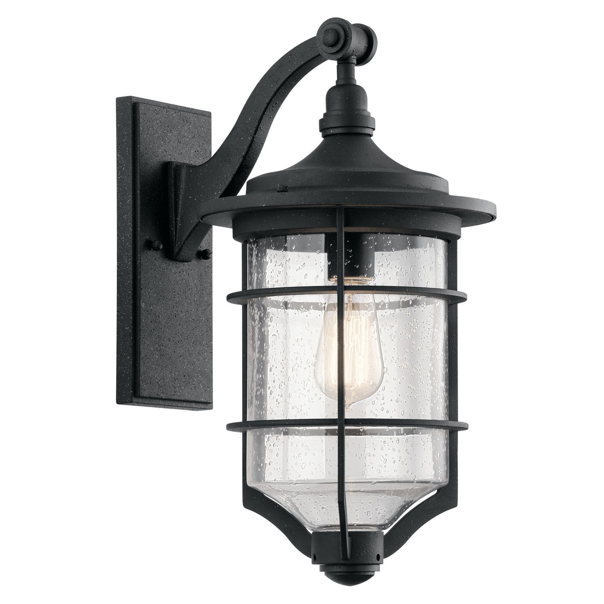 Kichler Royal Marine 10in 1-Light Outdoor Wall Sconce | Transitional Distressed Black and Clear Seeded Glass | Covered Patio | Model 49127DBK