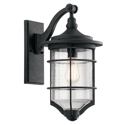 Kichler Royal Marine 10in 1-Light Outdoor Wall Sconce | Transitional Distressed Black and Clear Seeded Glass | Covered Patio | Model 49127DBK