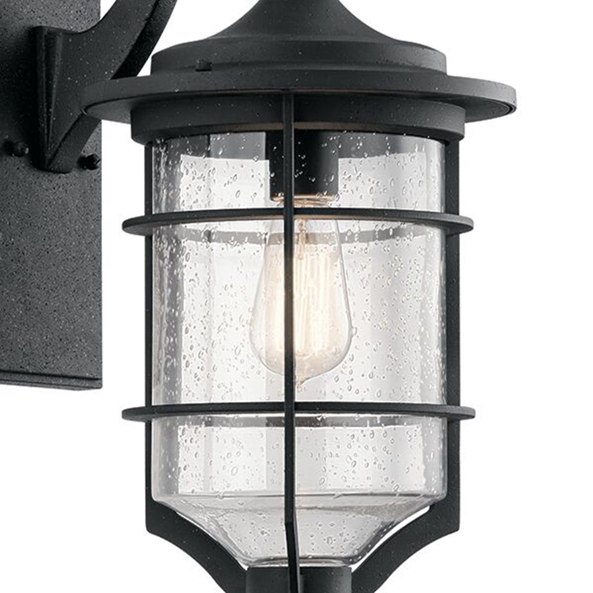 Kichler Royal Marine 10in 1-Light Outdoor Wall Sconce | Transitional Distressed Black and Clear Seeded Glass | Covered Patio | Model 49127DBK