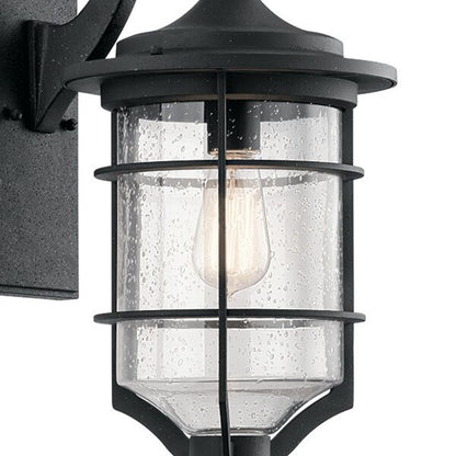 Kichler Royal Marine 10in 1-Light Outdoor Wall Sconce | Transitional Distressed Black and Clear Seeded Glass | Covered Patio | Model 49127DBK