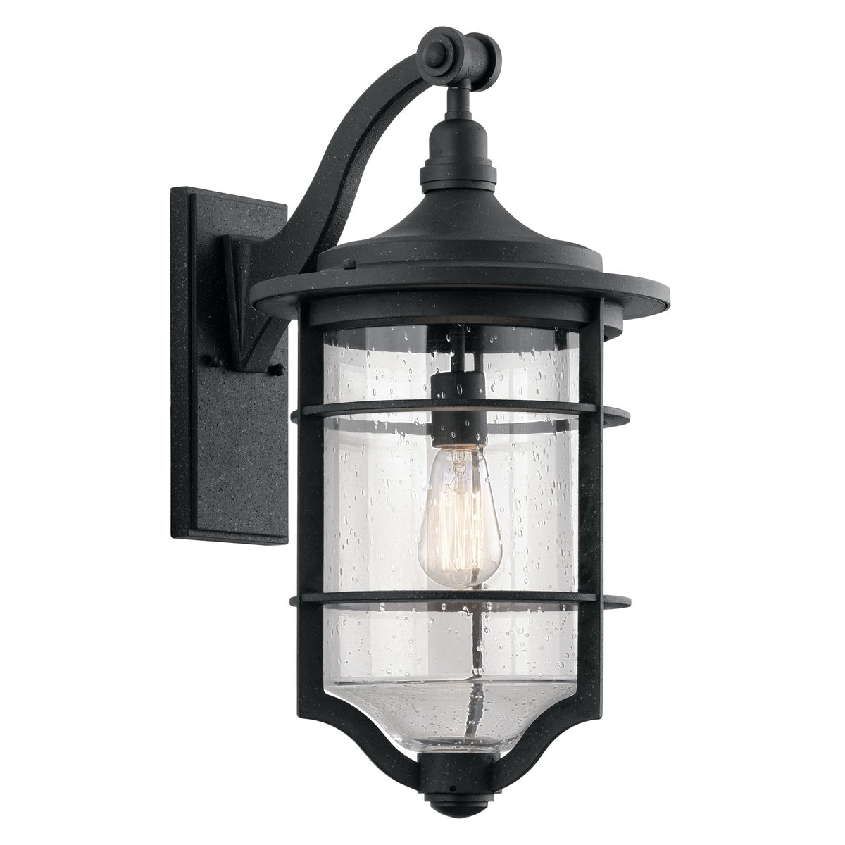 Kichler Royal Marine 12in 1-Light Outdoor Wall Sconce | Transitional Distressed Black and Clear Seeded Glass | Covered Patio | Model 49128DBK