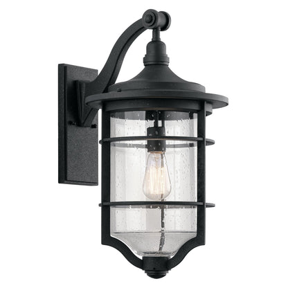 Kichler Royal Marine 12in 1-Light Outdoor Wall Sconce | Transitional Distressed Black and Clear Seeded Glass | Covered Patio | Model 49128DBK