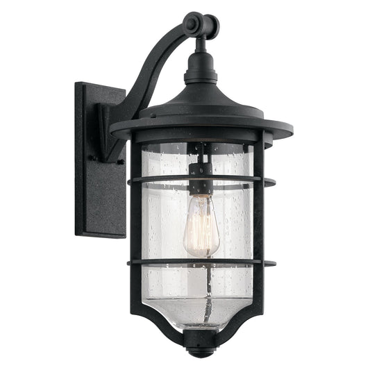 Kichler Royal Marine 12in 1-Light Outdoor Wall Sconce | Transitional Distressed Black and Clear Seeded Glass | Covered Patio | Model 49128DBK