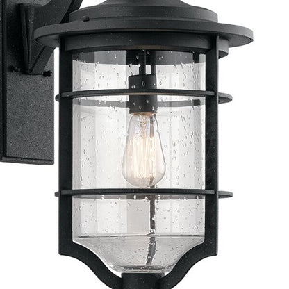 Kichler Royal Marine 12in 1-Light Outdoor Wall Sconce | Transitional Distressed Black and Clear Seeded Glass | Covered Patio | Model 49128DBK