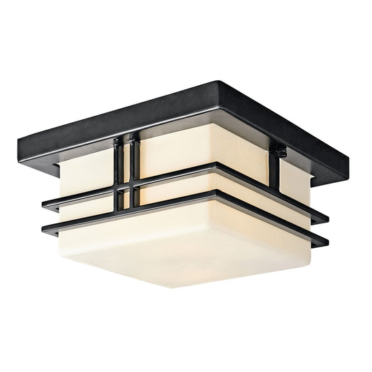 Kichler Tremillo 11.5in 2-Light Outdoor Flush Mount | Contemporary Black and Satin Etched Cased Opal Glass | Covered Patio & Porch | Model 49206BK