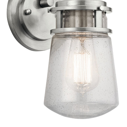 Kichler Lyndon 5in Outdoor Wall Light | Transitional Brushed Aluminum and Clear Seeded Glass | Entryway & Patio | 5 x 7.5 x 11 in | Model 49444BA