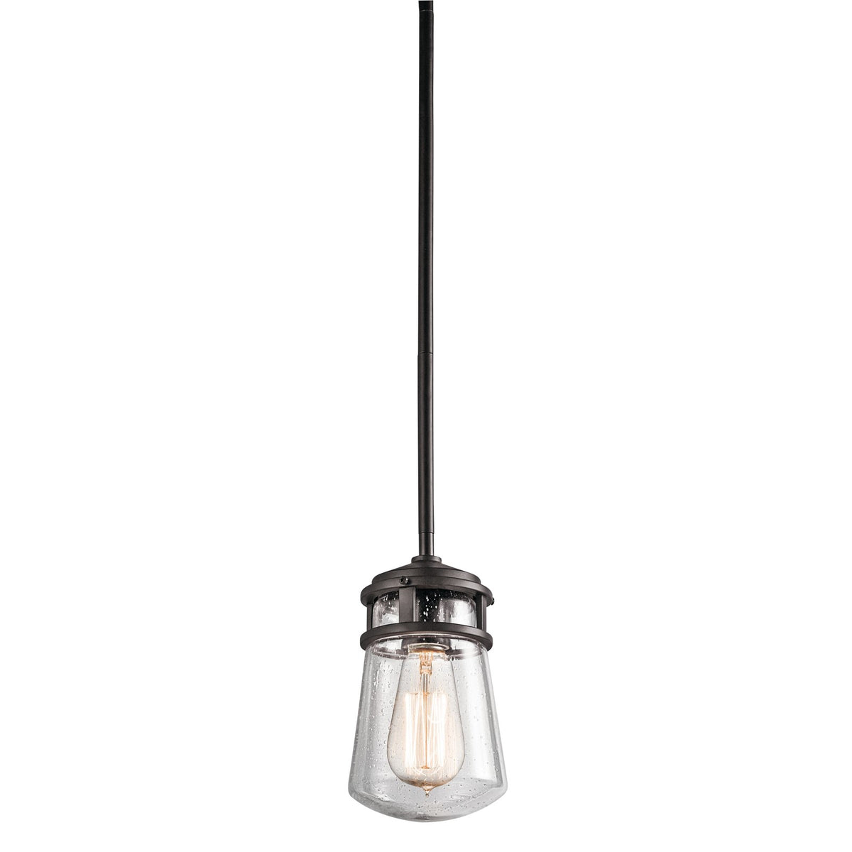 Kichler Lyndon 5in 1-Light Outdoor Pendant | Transitional Architectural Bronze and Clear Seeded Glass | Covered Patios & Entryways | Model 49446AZ