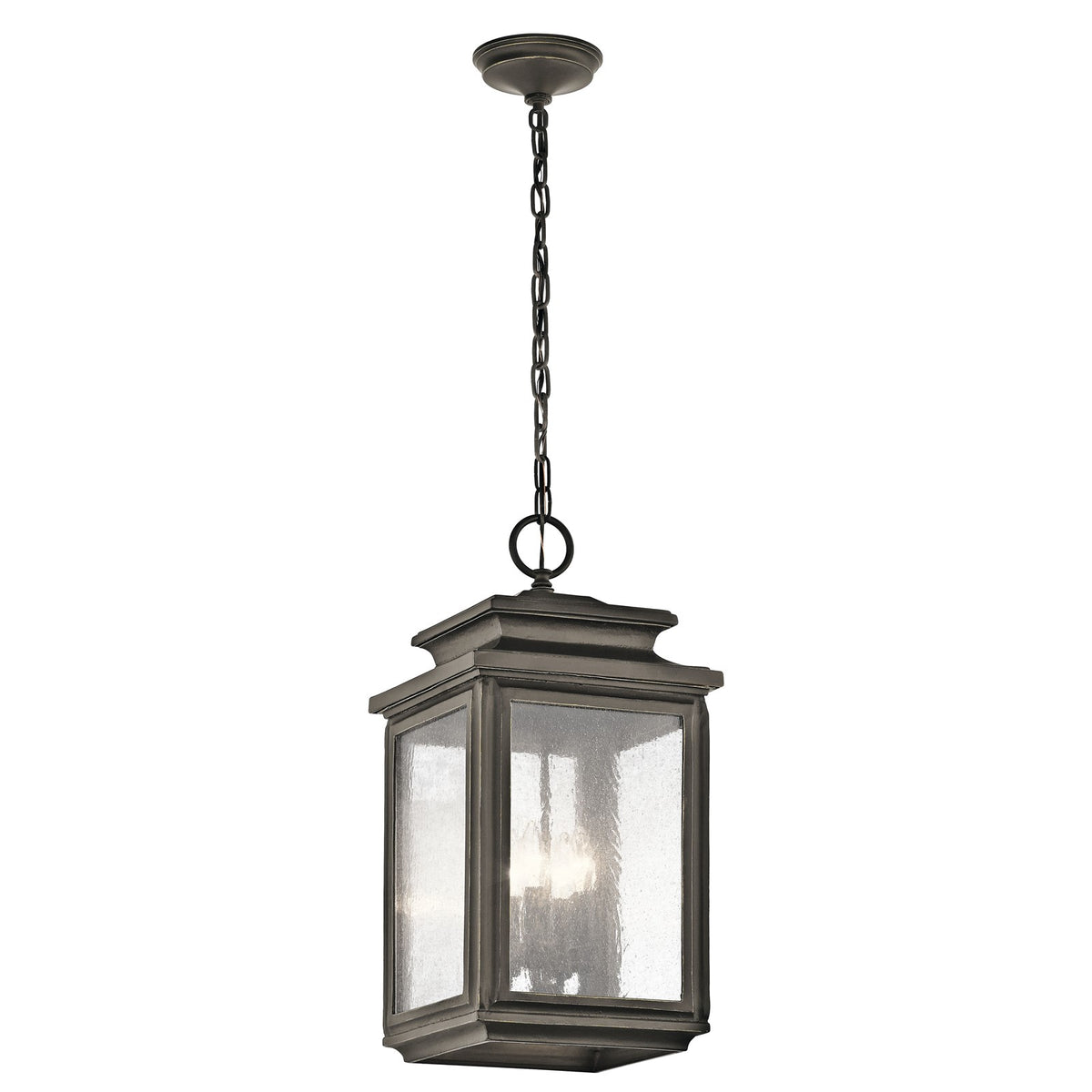 Kichler Wiscombe Park 11in 4-Light Outdoor Pendant | Industrial Olde Bronze and Clear Seeded Glass | Covered Patio & Entryway | Model 49505OZ