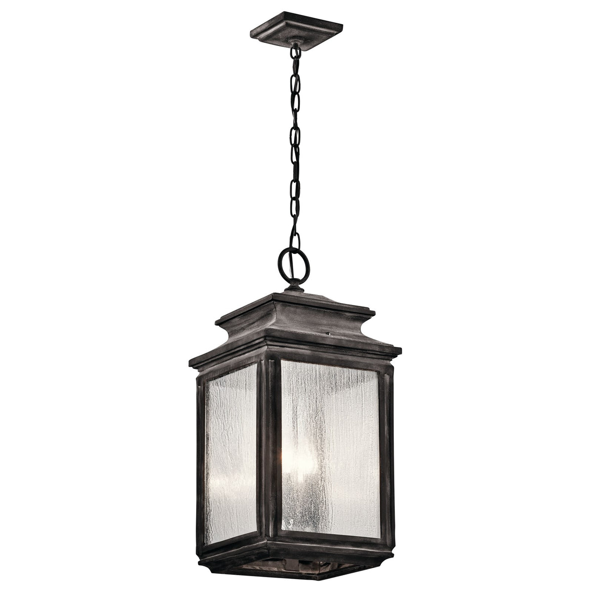 Kichler Wiscombe Park 23in 4-Light Outdoor Pendant | Industrial Weathered Zinc and Clear Seeded Glass | Covered Patio & Entryway | Model 49505WZC