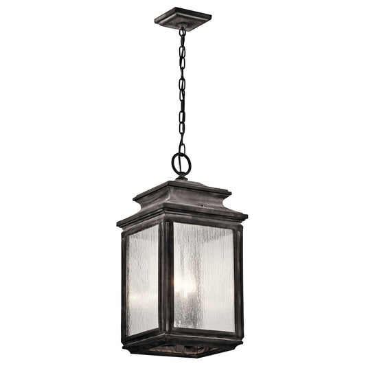 Kichler Wiscombe Park 23in 4-Light Outdoor Pendant | Industrial Weathered Zinc and Clear Seeded Glass | Covered Patio & Entryway | Model 49505WZC