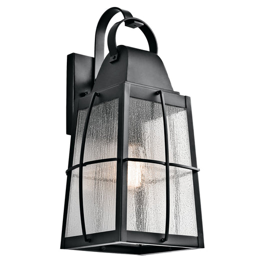 Kichler Tolerand 9.5in 1-Light Outdoor Wall Sconce | Traditional Textured Black and Clear Seeded Glass | Porch & Garage | Model 49554BKT