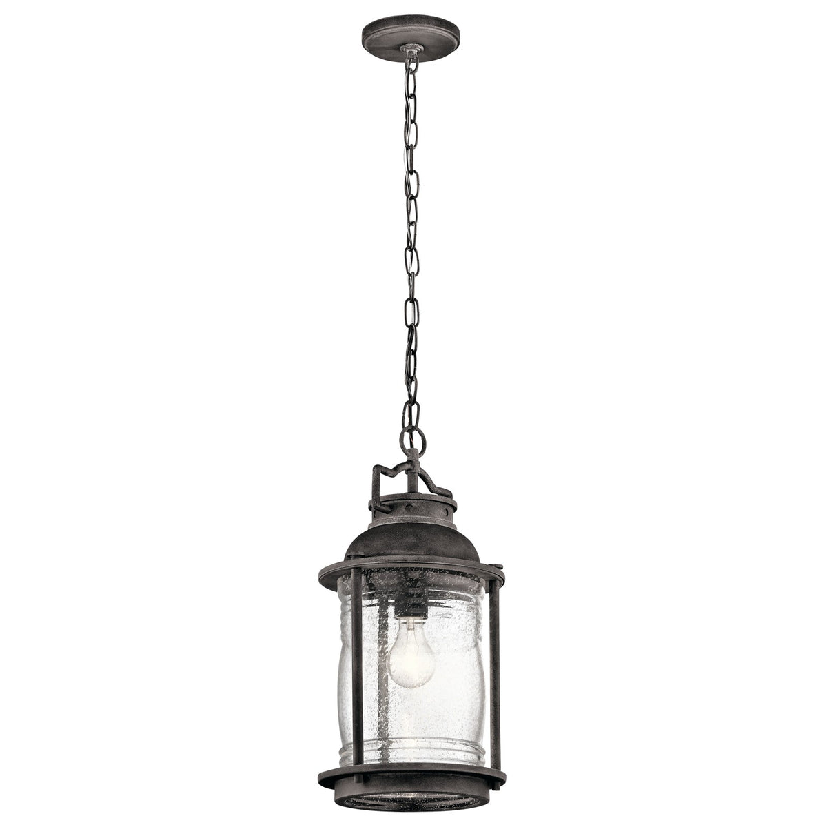 Kichler Ashland Bay 9in 1-Light Outdoor Pendant | Transitional Weathered Zinc and Clear Seeded Ribbed Glass | Covered Porch | Model 49572WZC