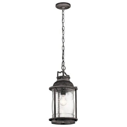 Kichler Ashland Bay 9in 1-Light Outdoor Pendant | Transitional Weathered Zinc and Clear Seeded Ribbed Glass | Covered Porch | Model 49572WZC