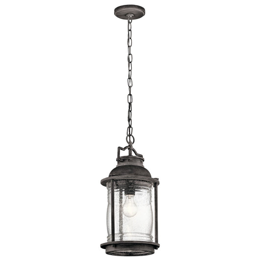 Kichler Ashland Bay 9in 1-Light Outdoor Pendant | Transitional Weathered Zinc and Clear Seeded Ribbed Glass | Covered Porch | Model 49572WZC