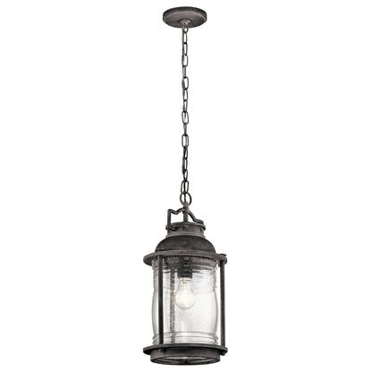Kichler Ashland Bay 9in 1-Light Outdoor Pendant | Transitional Weathered Zinc and Clear Seeded Ribbed Glass | Covered Porch | Model 49572WZC