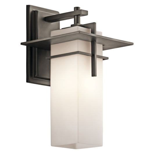 Kichler Caterham 8in 1-Light Outdoor Wall Sconce | Contemporary Olde Bronze and Satin Etched Opal Glass | Covered Patios & Entryways | Model 49643OZ