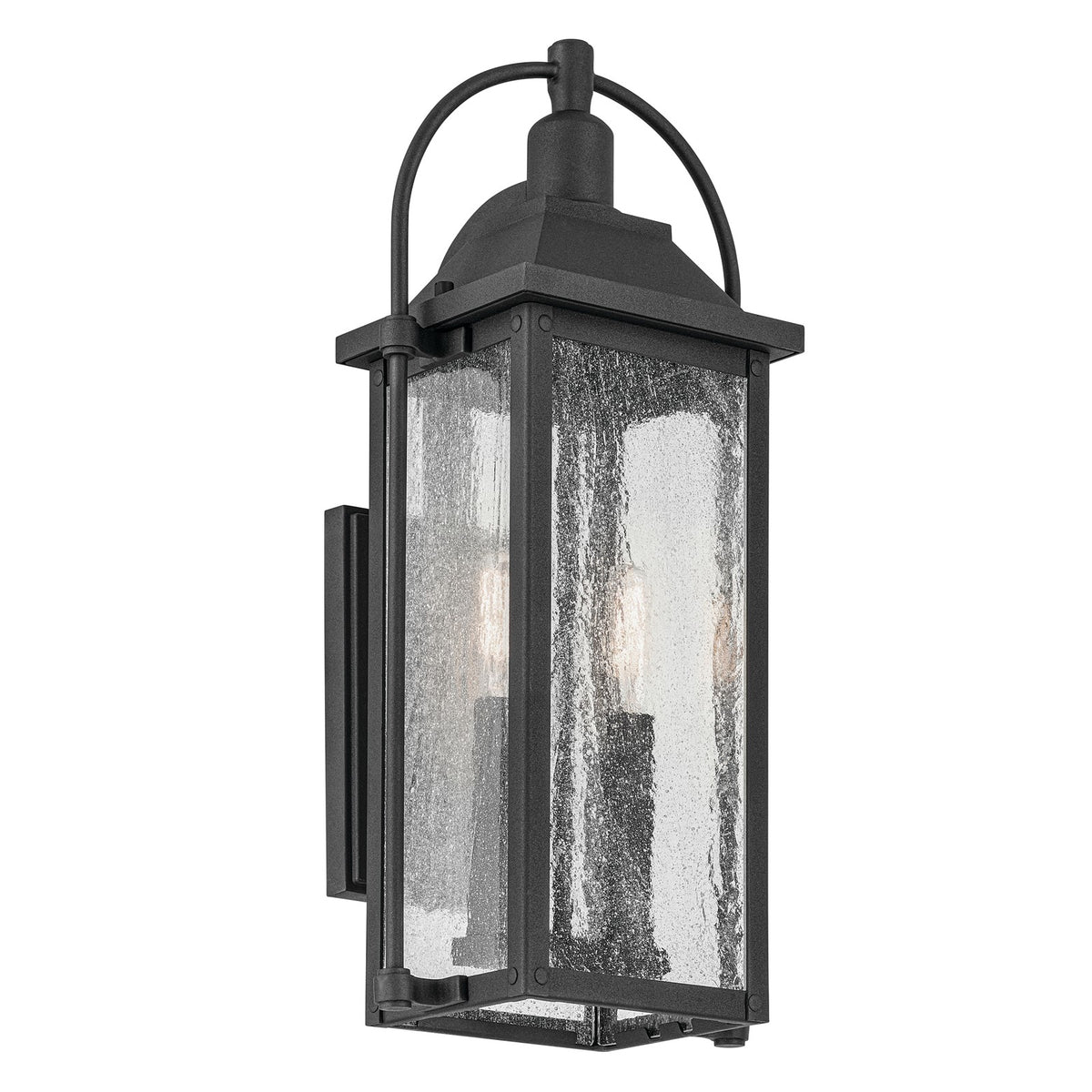 Kichler Harbor Row 2-Light Outdoor Wall Sconce | Farmhouse Textured Black and Clear Seeded Glass | Covered Porch & Entryway | Model 49714BKT