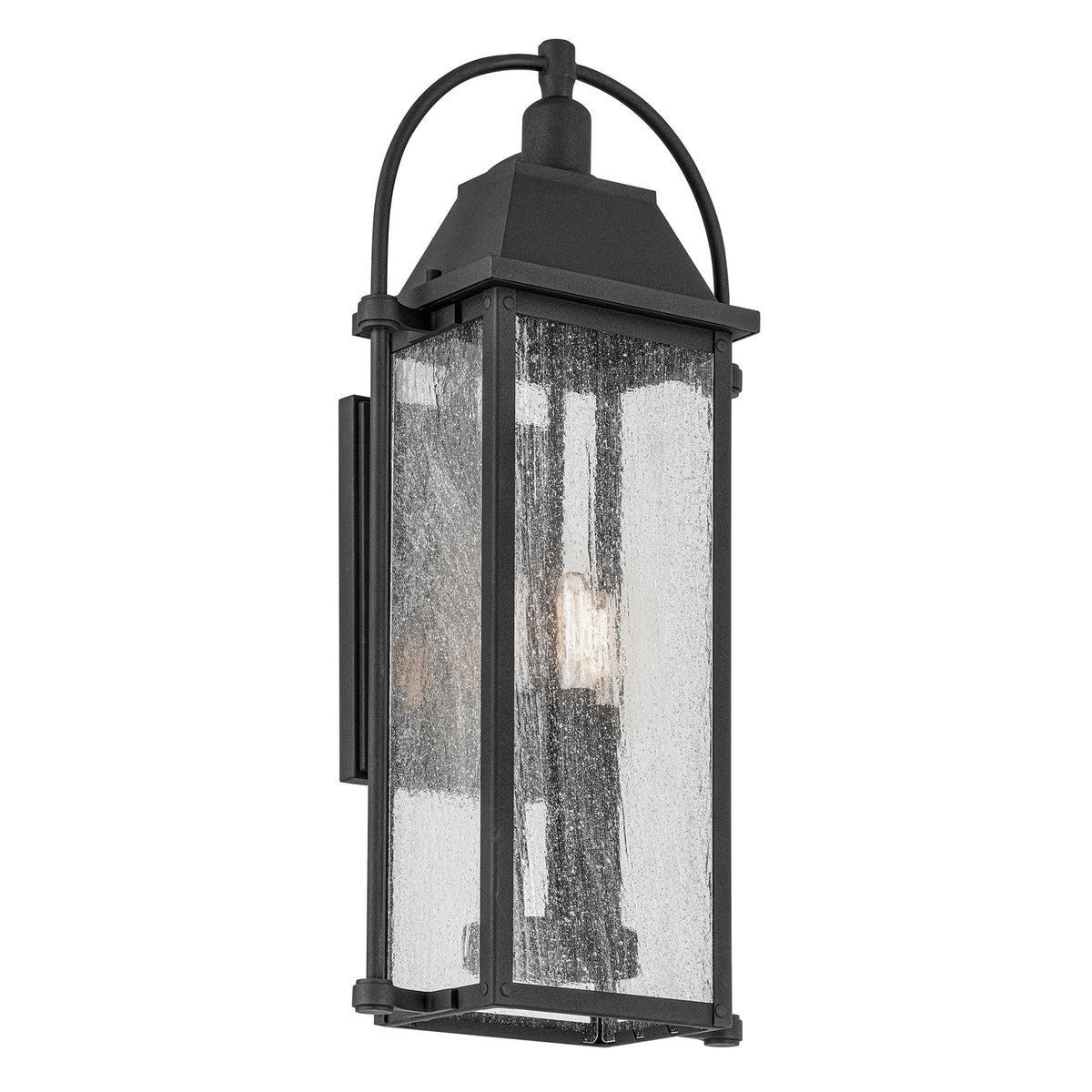 Kichler Harbor Row 10.5in 3-Light Outdoor Wall Sconce | Farmhouse Textured Black and Clear Seeded Glass | Covered Patios | Model 49715BKT