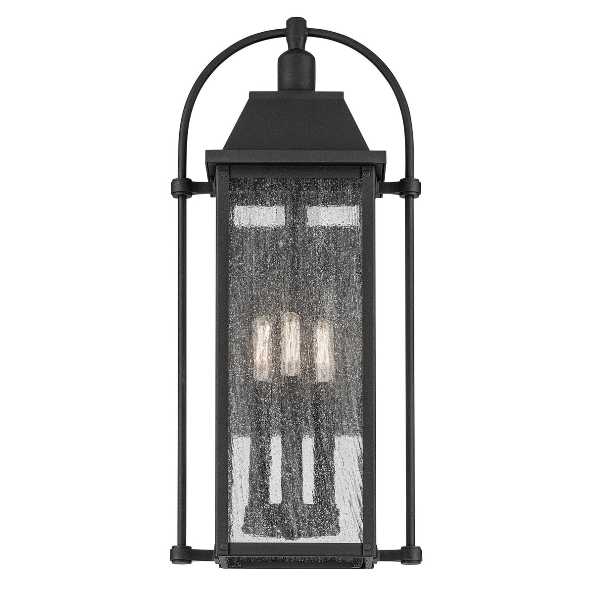Kichler Harbor Row 10.5in 3-Light Outdoor Wall Sconce | Farmhouse Textured Black and Clear Seeded Glass | Covered Patios | Model 49715BKT