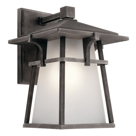 Kichler Beckett 11in 1-Light Outdoor Wall Sconce | Craftsman Weathered Zinc and Etch Seed Glass | Covered Patios | 8 x 11 in | Model 49721WZC