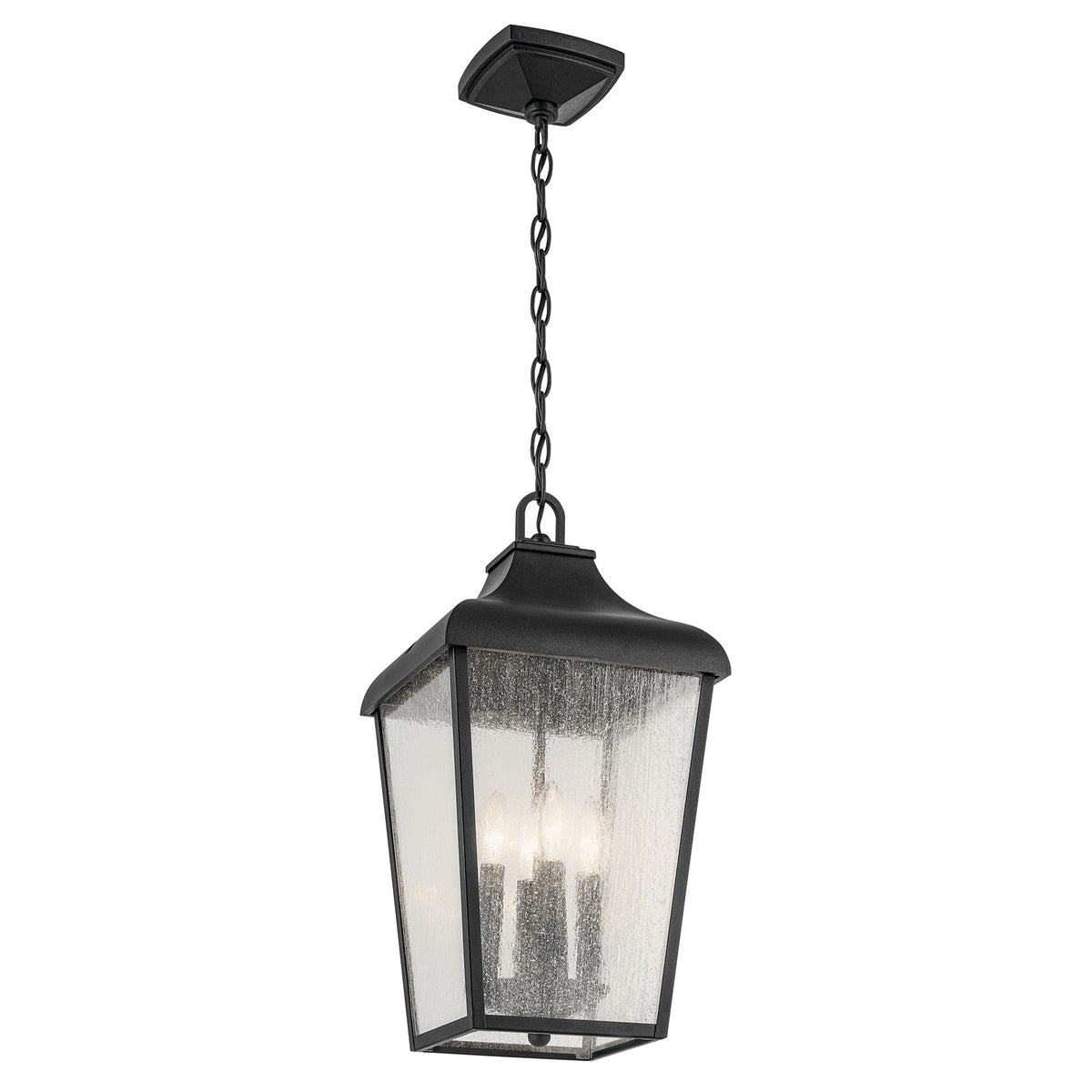 Kichler Forestdale 10in 4-Light Outdoor Pendant | Textured Black and Clear Seeded Glass | Covered Patio & Entryway | 10 x 10 x 20 in | Model 49740BKT
