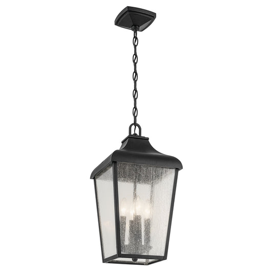 Kichler Forestdale 10in 4-Light Outdoor Pendant | Textured Black and Clear Seeded Glass | Covered Patio & Entryway | 10 x 10 x 20 in | Model 49740BKT