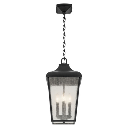 Kichler Forestdale 10in 4-Light Outdoor Pendant | Textured Black and Clear Seeded Glass | Covered Patio & Entryway | 10 x 10 x 20 in | Model 49740BKT
