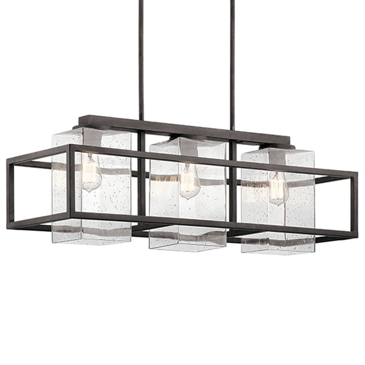 Kichler Wright 36in 3-Light Outdoor Linear Chandelier | Rustic Weathered Zinc and Clear Seeded Glass | Covered Patio & Porch | Model 49805WZC