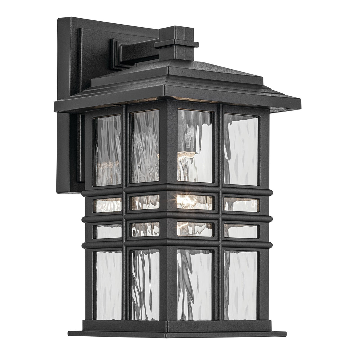 Kichler Beacon Square 1-Light Outdoor Wall Light | Coastal Textured Black and Clear Hammered Glass | Covered Patio & Entryway | Model 49829BKT