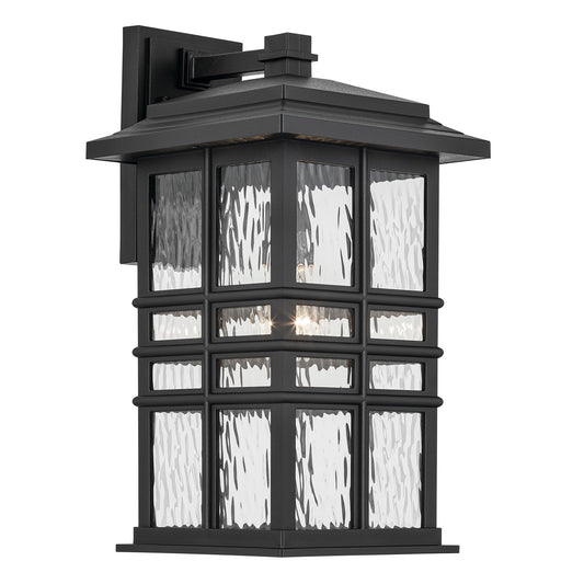 Kichler Beacon Square 1-Light Outdoor Wall Light | Coastal Textured Black Clear Hammered Glass | Entry & Patio | 9.5 x 17.5 in | Model 49831BKT