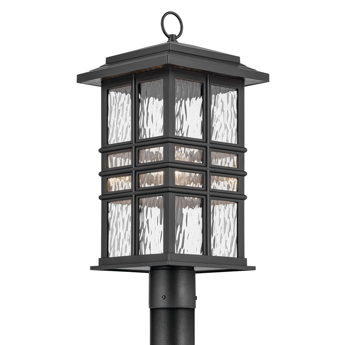 Kichler Beacon Square 9in 1-Light Outdoor Post Lantern | Coastal Textured Black and Clear Hammered Glass | Patio & Garden | Model 49832BKT
