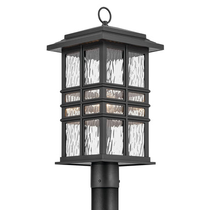 Kichler Beacon Square 9in 1-Light Outdoor Post Lantern | Coastal Textured Black and Clear Hammered Glass | Patio & Garden | Model 49832BKT