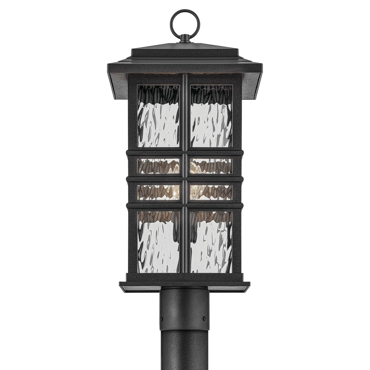 Kichler Beacon Square 9in 1-Light Outdoor Post Lantern | Coastal Textured Black and Clear Hammered Glass | Patio & Garden | Model 49832BKT
