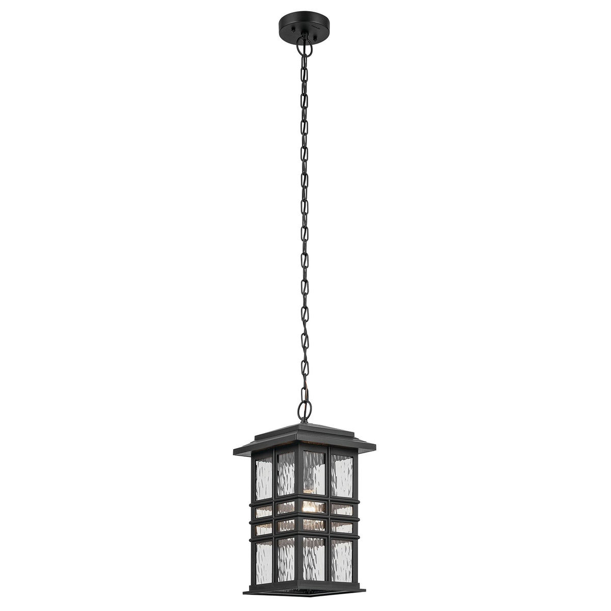 Kichler Beacon Square 1-Light Outdoor Hanging Pendant | Coastal Textured Black EPMM with Clear Hammered Glass | Covered Patio | Model 49833BKT