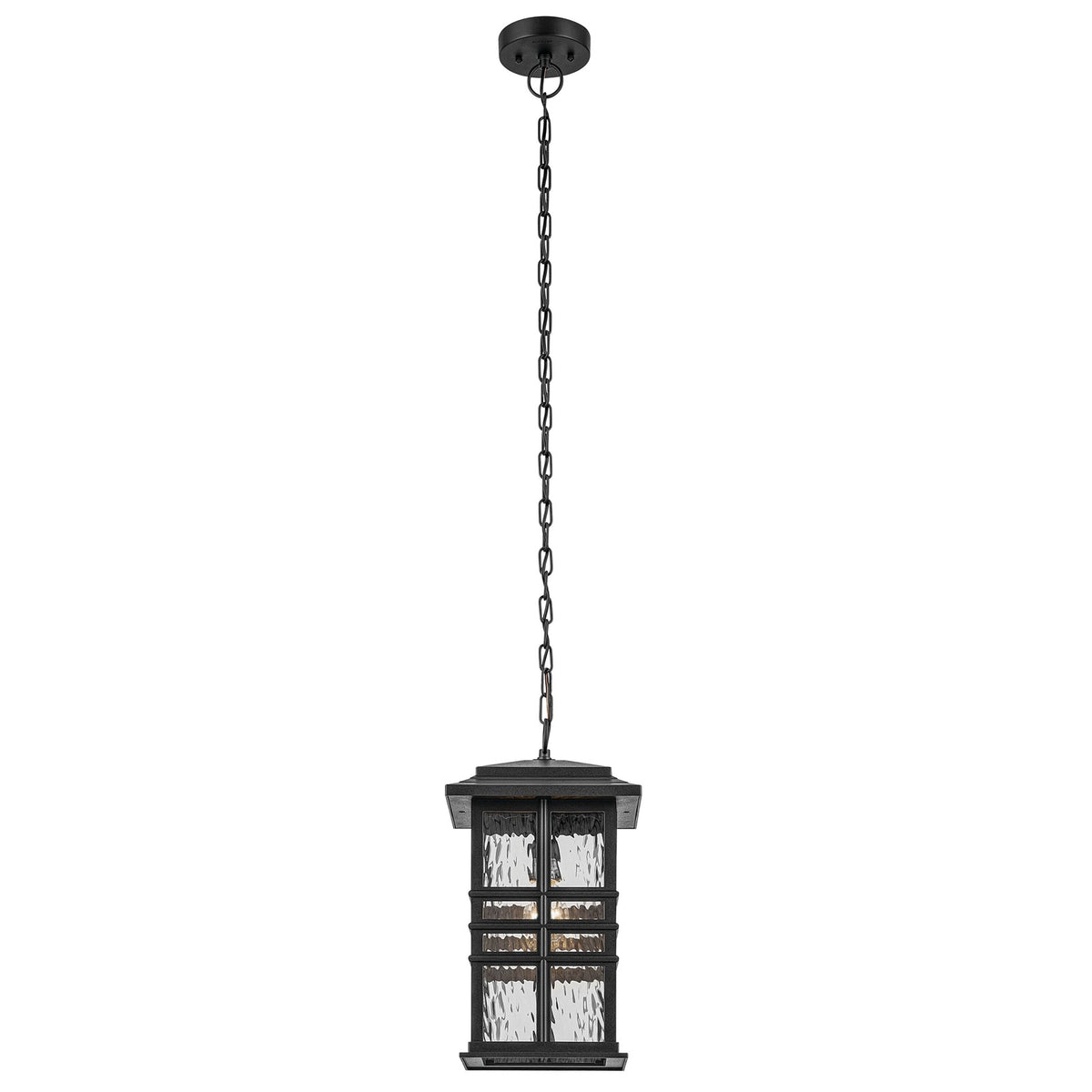 Kichler Beacon Square 1-Light Outdoor Hanging Pendant | Coastal Textured Black EPMM with Clear Hammered Glass | Covered Patio | Model 49833BKT