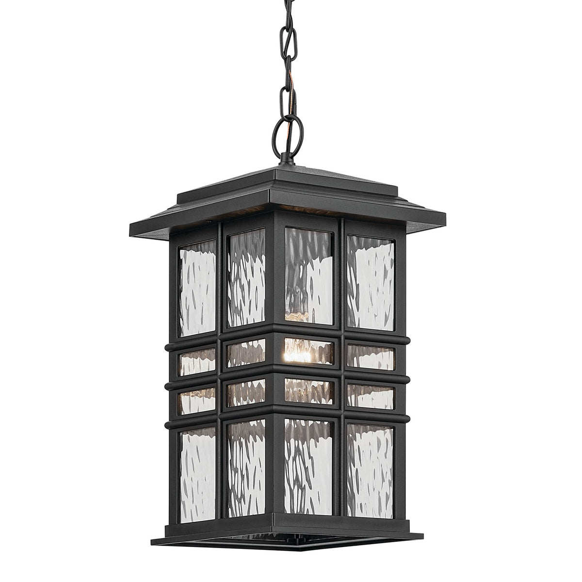 Kichler Beacon Square 1-Light Outdoor Hanging Pendant | Coastal Textured Black EPMM with Clear Hammered Glass | Covered Patio | Model 49833BKT
