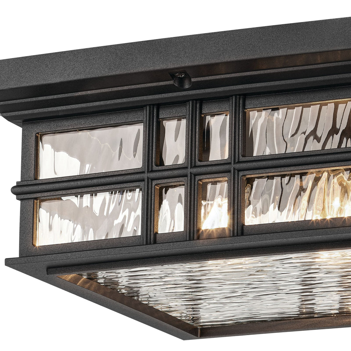 Kichler Beacon Square 12in 2-Light Outdoor Flush Mount | Coastal Textured Black and Clear Hammered Glass | Covered Patios | Model 49834BKT