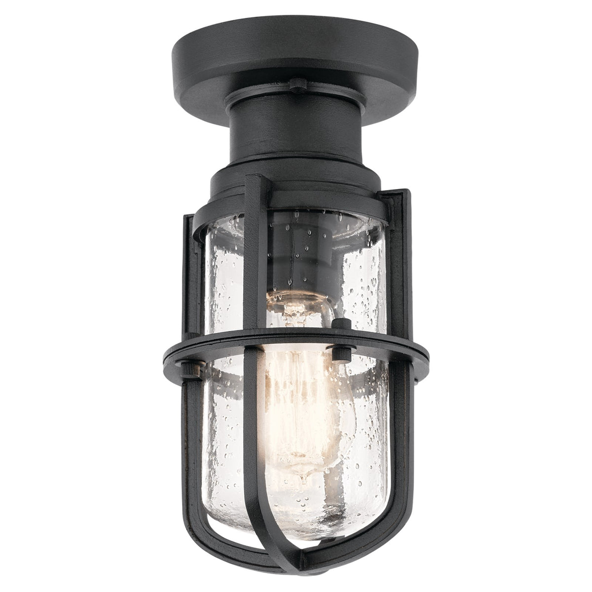 Kichler Suri 11in 1-Light Outdoor Ceiling Light | Transitional Textured Black and Clear Seeded Glass | Covered Patio & Entryway | Model 49861BKT