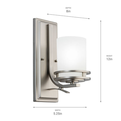 Kichler Hendrik 12in 1-Light Wall Sconce | Brushed Nickel and Satin Etched Opal Glass | Bathroom & Hallway | 5.25 x 12 in | Model 5076NI