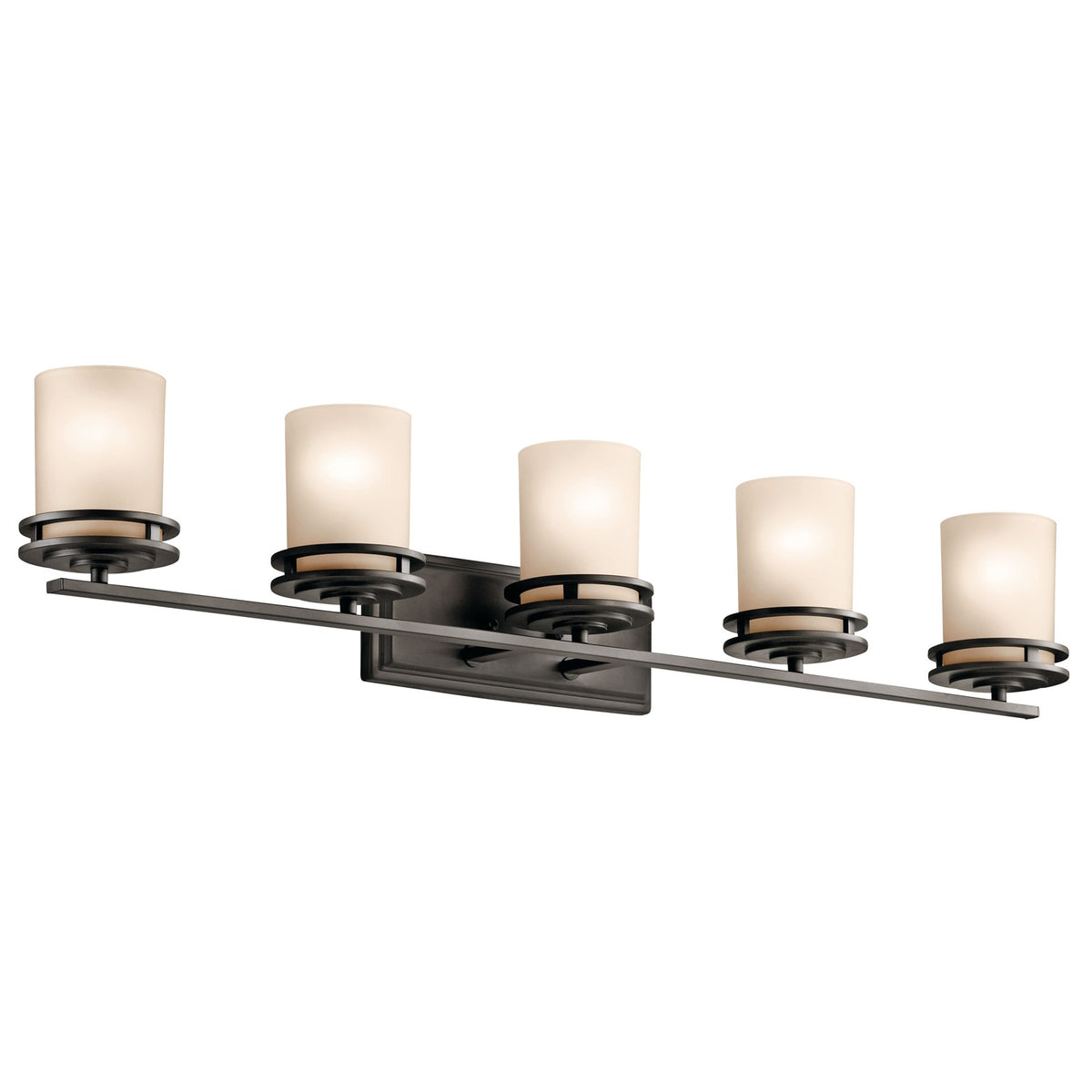Kichler Hendrik 43in 5-Light Vanity Light | Contemporary Olde Bronze and Light Umber Glass | Bathroom Vanity | 43 x 8 in | Model 5085OZ