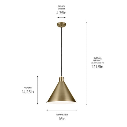 1 Light Cone 14.25" Pendant, Natural Brass