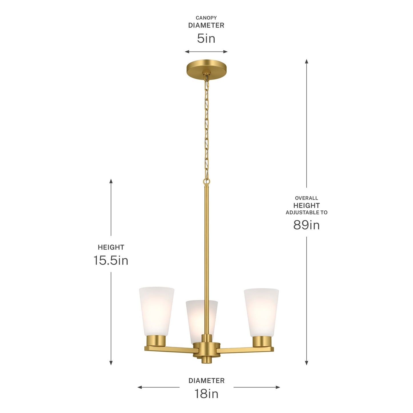Kichler Stamos 18in 3-Light Chandelier | Modern Brushed Gold Steel and Clear Satin Etched Glass | Dining Room & Living Room | 15.5 in H | Model 52435BG