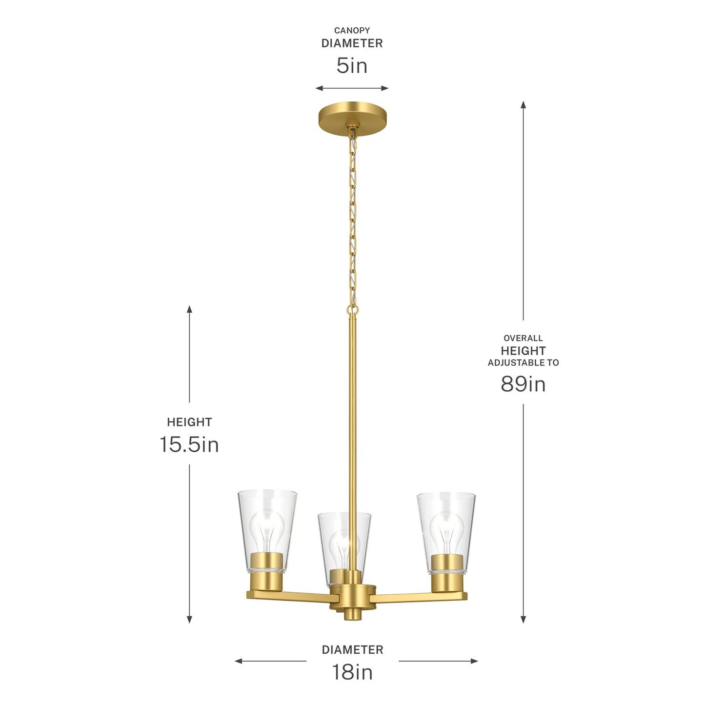 Kichler Stamos 18in 3-Light Chandelier | Modern Brushed Gold Steel and Clear Glass | Dining Room & Living Room | 15.5 in H | Model 52435BGCLR