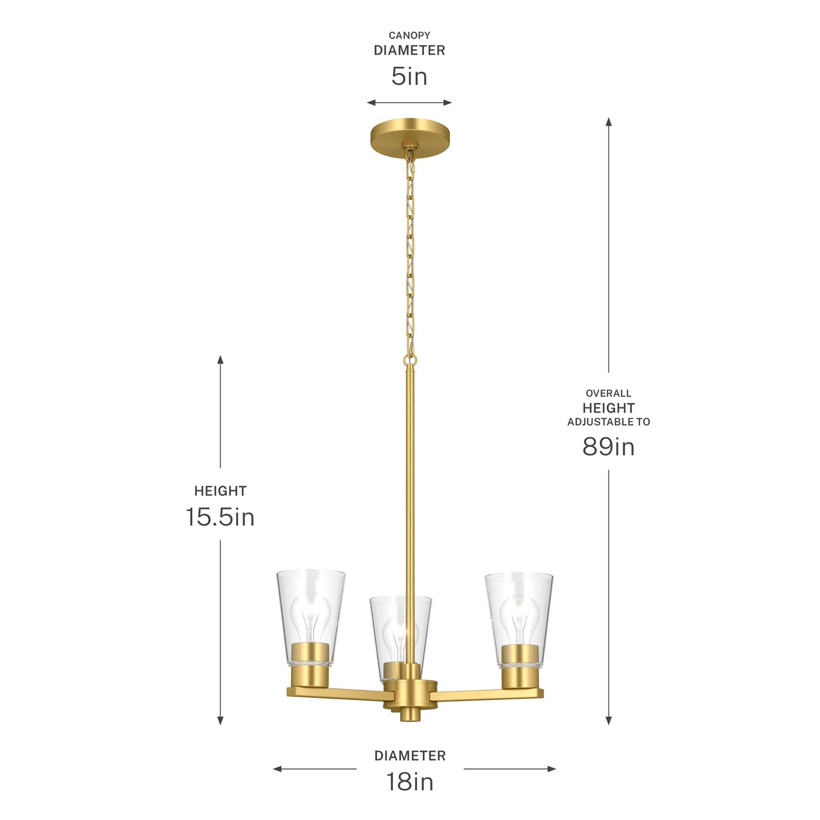 Kichler Stamos 18in 3-Light Chandelier | Modern Brushed Gold Steel and Clear Glass | Dining Room & Living Room | 15.5 in H | Model 52435BGCLR