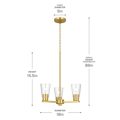 Kichler Stamos 18in 3-Light Chandelier | Modern Brushed Gold Steel and Clear Glass | Dining Room & Living Room | 15.5 in H | Model 52435BGCLR