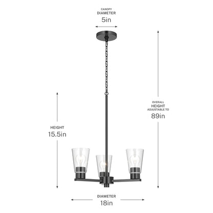 Kichler Stamos 18in 3-Light Chandelier | Modern Black Steel and Clear Glass | Dining Room & Living Room | 15.5 in H | Model 52435BKCLR