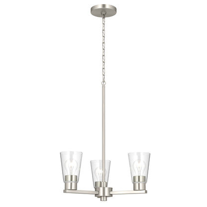 Kichler Stamos 18in 3-Light Chandelier | Modern Brushed Nickel Steel and Clear Glass | Dining Room & Living Room | 15.5 in H | Model 52435NICLR