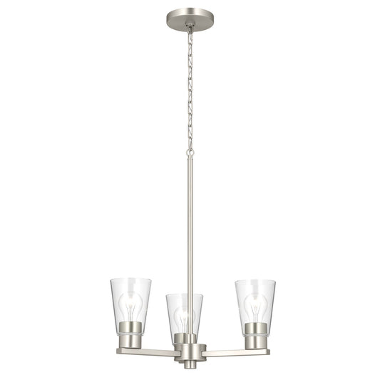 Kichler Stamos 18in 3-Light Chandelier | Modern Brushed Nickel Steel and Clear Glass | Dining Room & Living Room | 15.5 in H | Model 52435NICLR