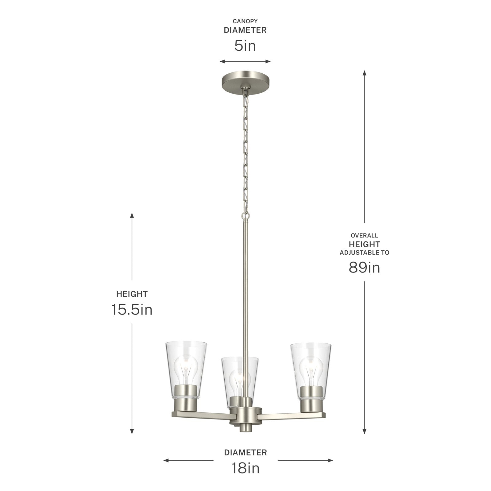 Kichler Stamos 18in 3-Light Chandelier | Modern Brushed Nickel Steel and Clear Glass | Dining Room & Living Room | 15.5 in H | Model 52435NICLR